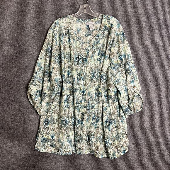 Catherines Womens Printed Tunic Blouse Size 4X Button Front Long Sleeve Boho - Picture 1 of 8